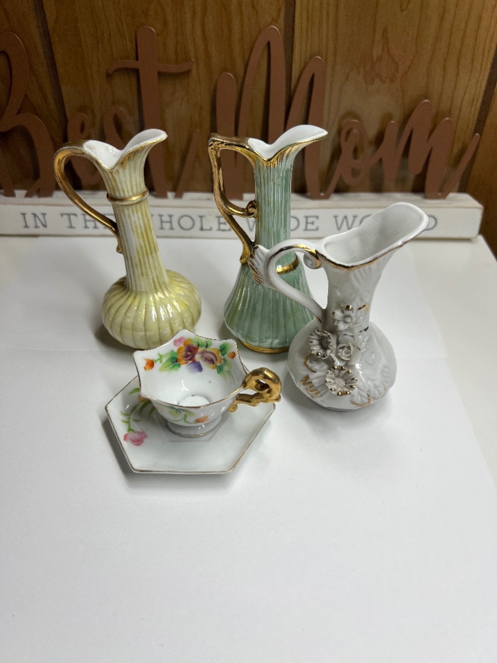 Vintage Porcelain Miniature Pitchers Vases Mini Teacup Saucer Set Gold Gilt